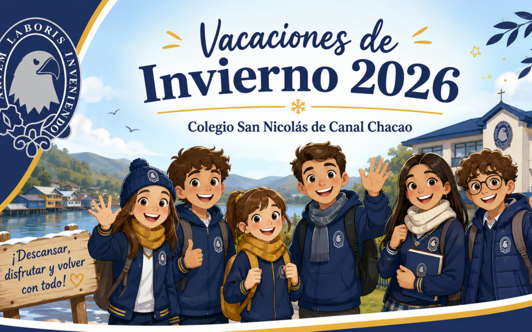 Ilustración de alumnos del Colegio San Nicolás de Canal Chacao saliendo de vacaciones de invierno 2026.