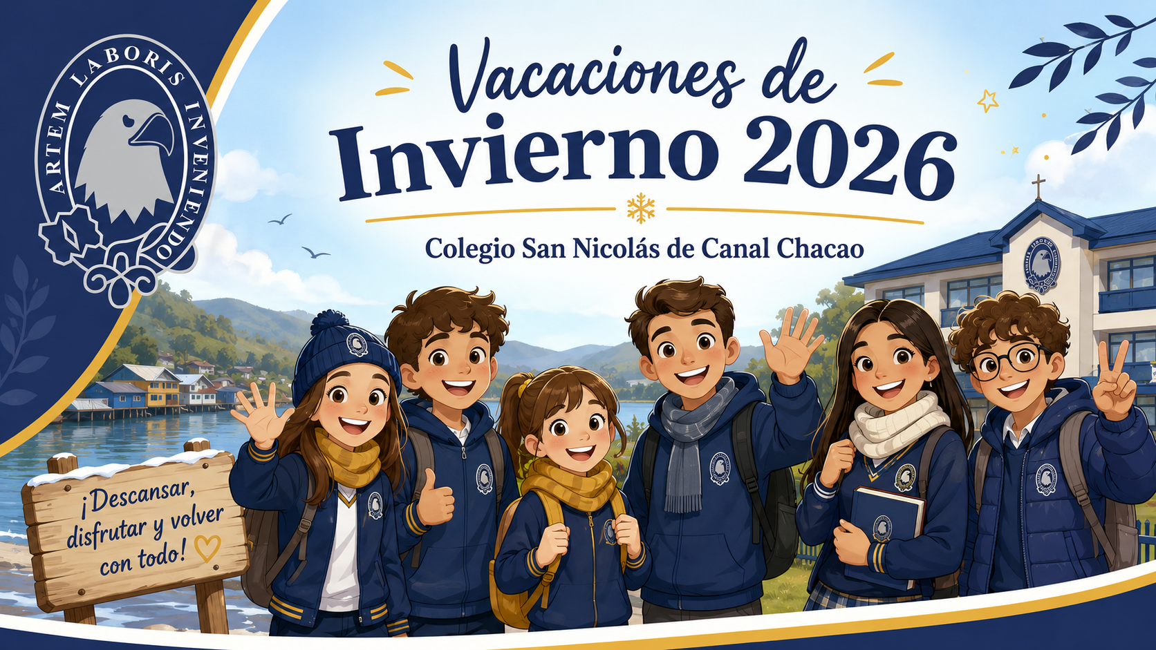 vacaciones2026 Ilustración de alumnos del Colegio San Nicolás de Canal Chacao saliendo de vacaciones de invierno 2026.