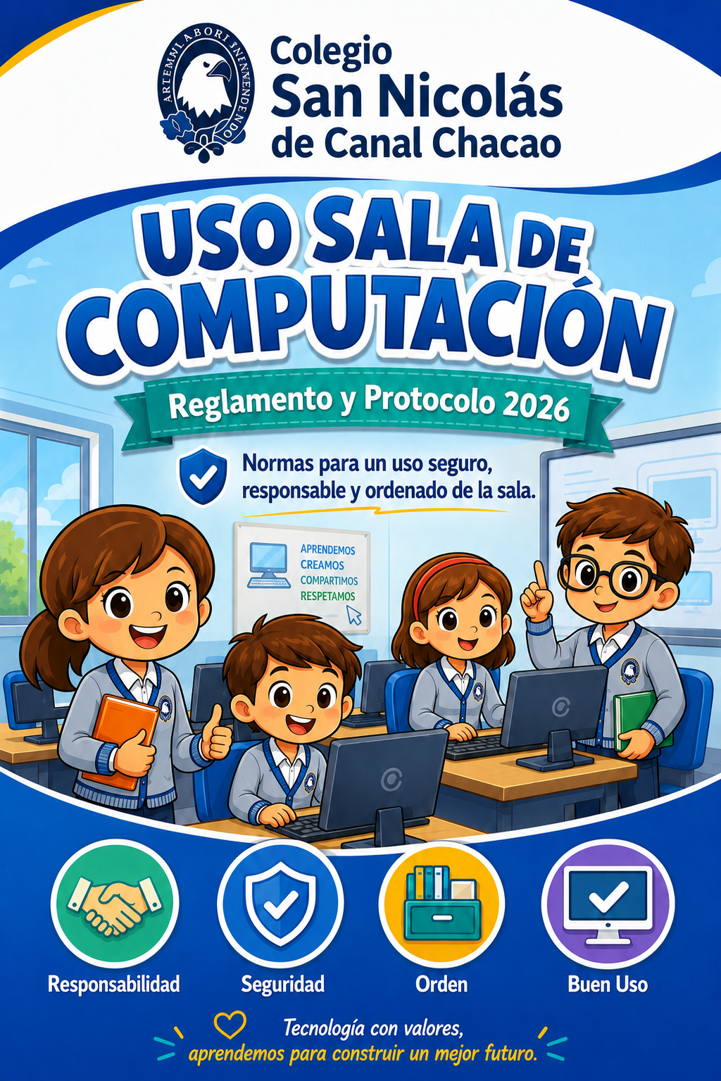 Reglamento de uso de la sala de computación Imagen institucional del reglamento de uso de la sala de computación del Colegio San Nicolás de Canal Chacao.